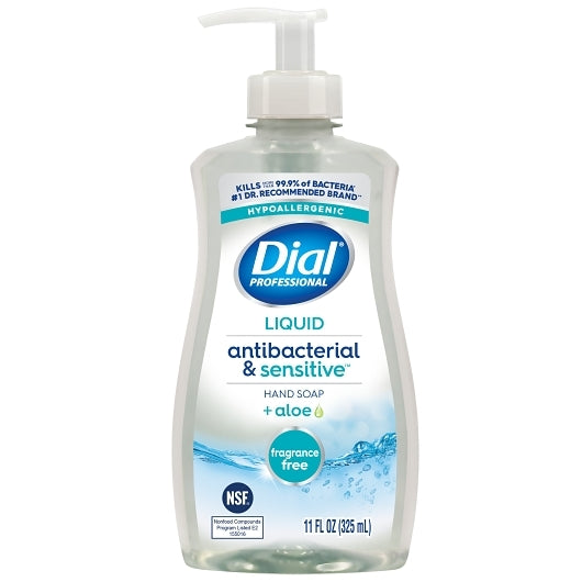 Dial Fragrance-Free Antibacterial & Sensitive Liquid Hand Soap With Aloe, 11 Fluid Ounce, 12 Per Case