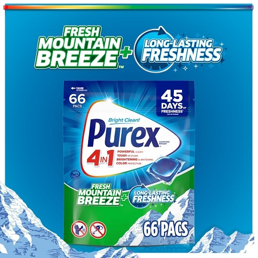 Purex Fresh Mountain Breeze Detergent Pods, 30.2 Fluid Ounce, 4 Per Case