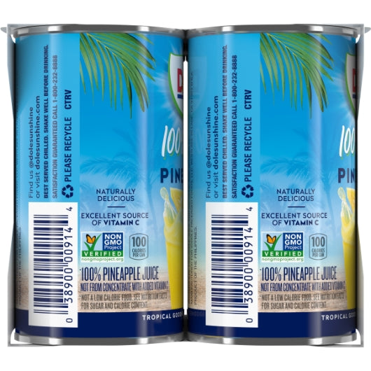 Dole 100% Pineapple Juice 6 Ounce Size - 48 Per Case