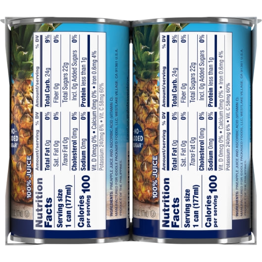 Dole 100% Pineapple Juice 6 Ounce Size - 48 Per Case