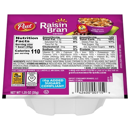 Post Consumer Brands Raisin Bran Single Serve Bowl 1.25 Ounce Size - 96 Per Case