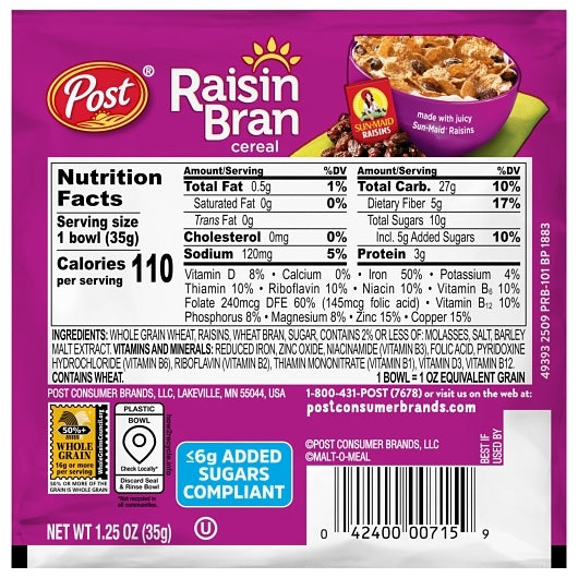 Post Consumer Brands Raisin Bran Single Serve Bowl 1.25 Ounce Size - 96 Per Case