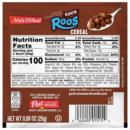 Post Consumer Brands Coco Roos Single Serve Bowl 0.88 Ounce Size - 96 Per Case