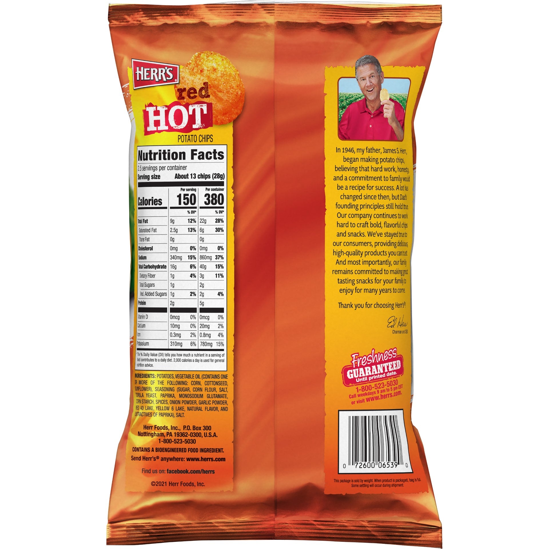 Herr Brands Red Hot Chips 2.5 Ounce Size - 12 Per Case