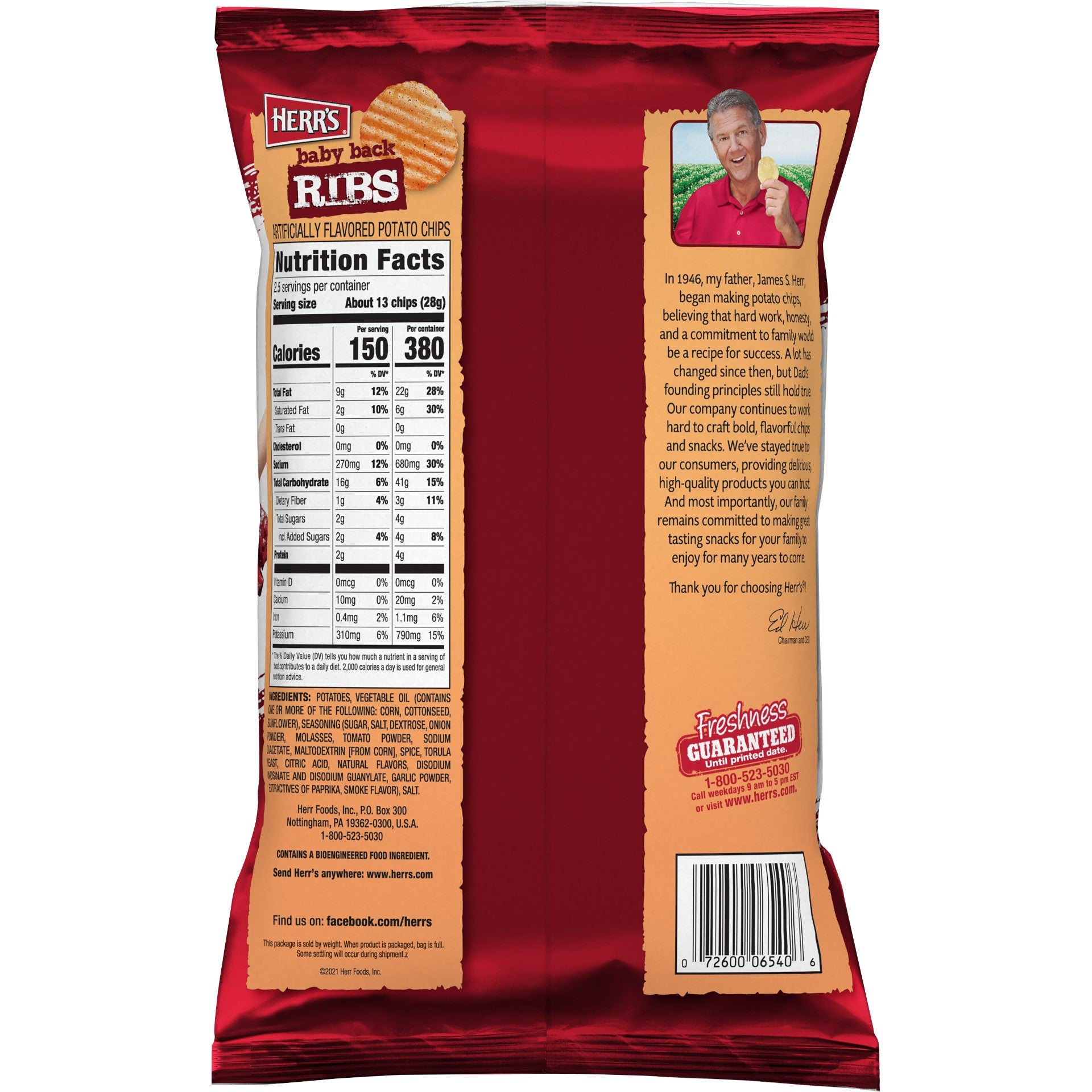 Herr Brands Baby Back Rib Chips 2.5 Ounce Size - 12 Per Case