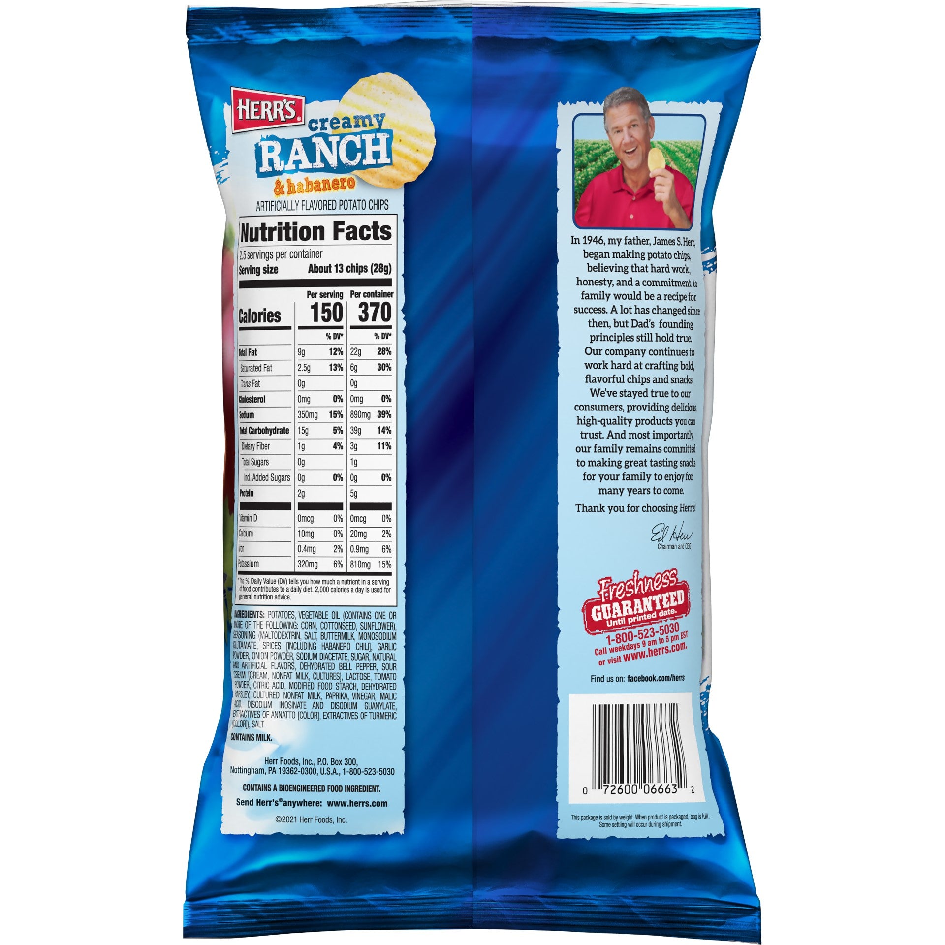 Herr Foods Inc Creamy Ranch Habanero Chips 2.5 Ounce Size - 12 Per Case