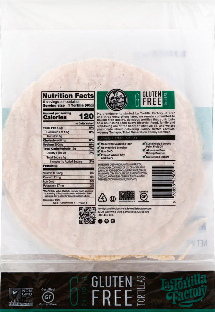 La Tortilla Factory, Gluten Free Soft Taco Size Cassava Flour Tortillas, Case Of 12, 8.46 Oz