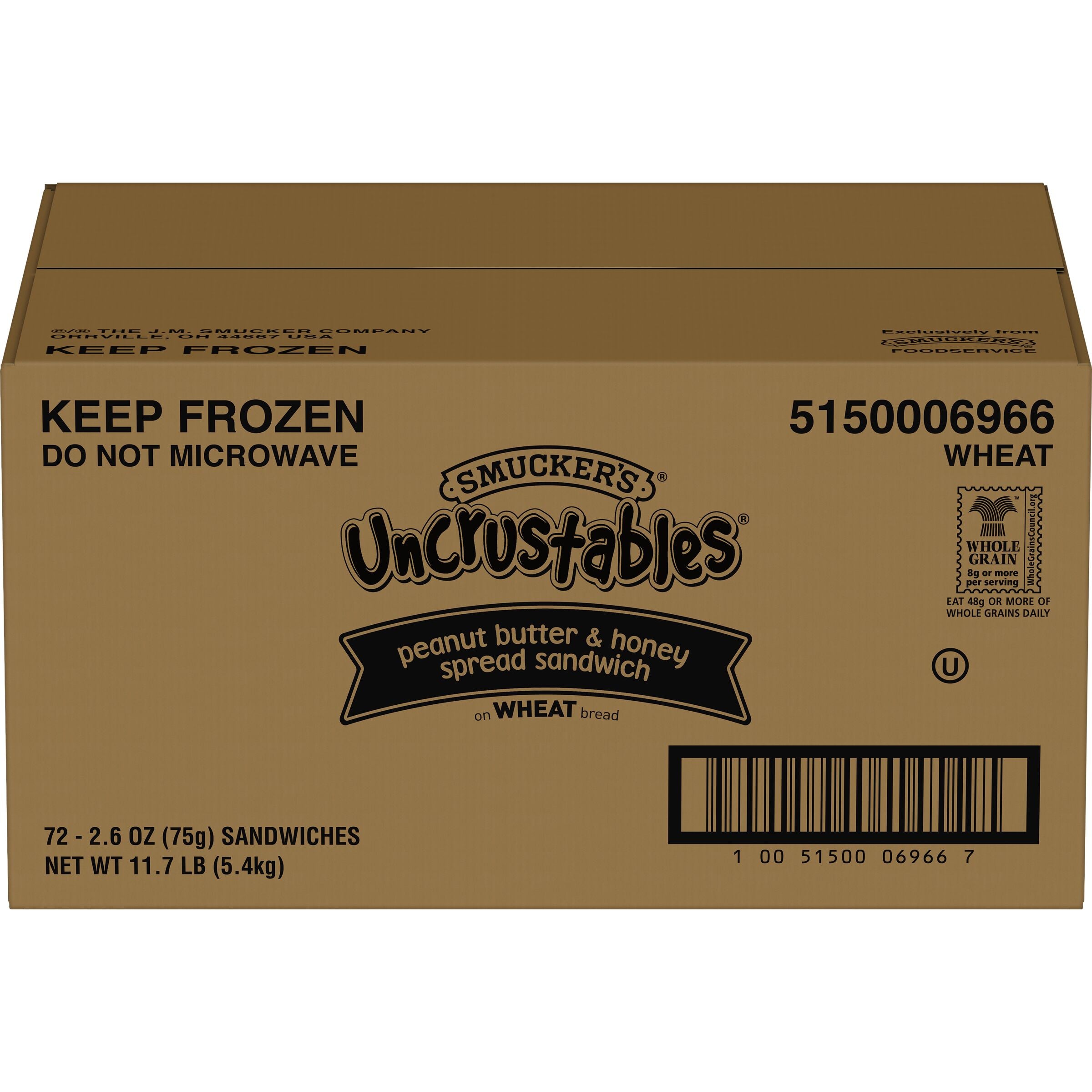 Smucker Uncrustables Peanut Butter& Honey Wheat Case 2.6 Ounce Size - 72 Per Case