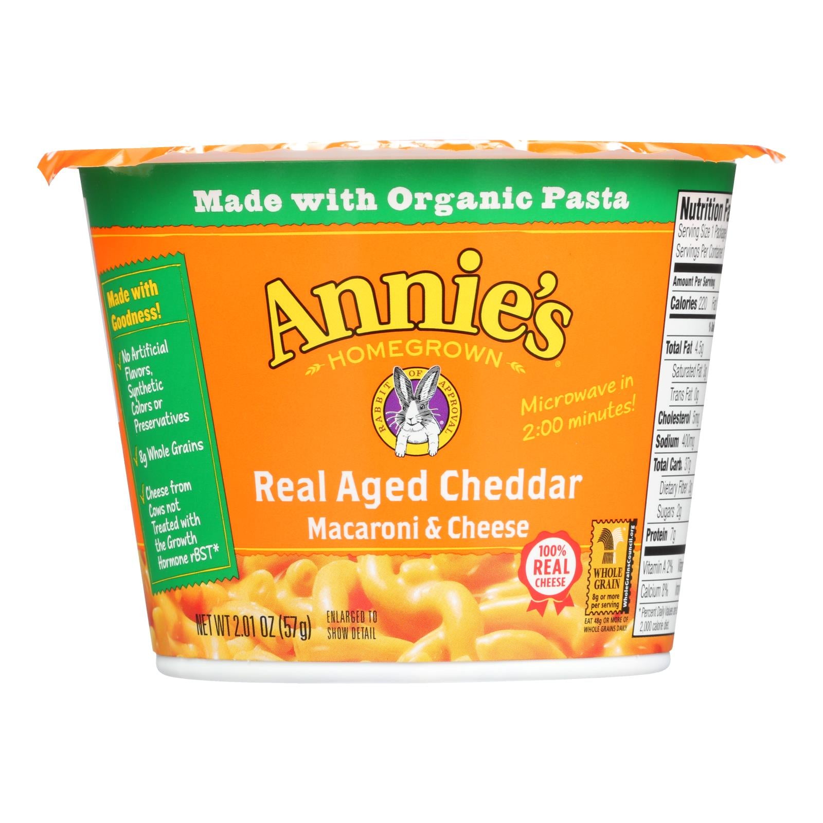 Annie's Homegrown Real Aged Cheddar Microwavable Macaroni and Cheese Cup - Case of 12 - 2.01 Ounce.