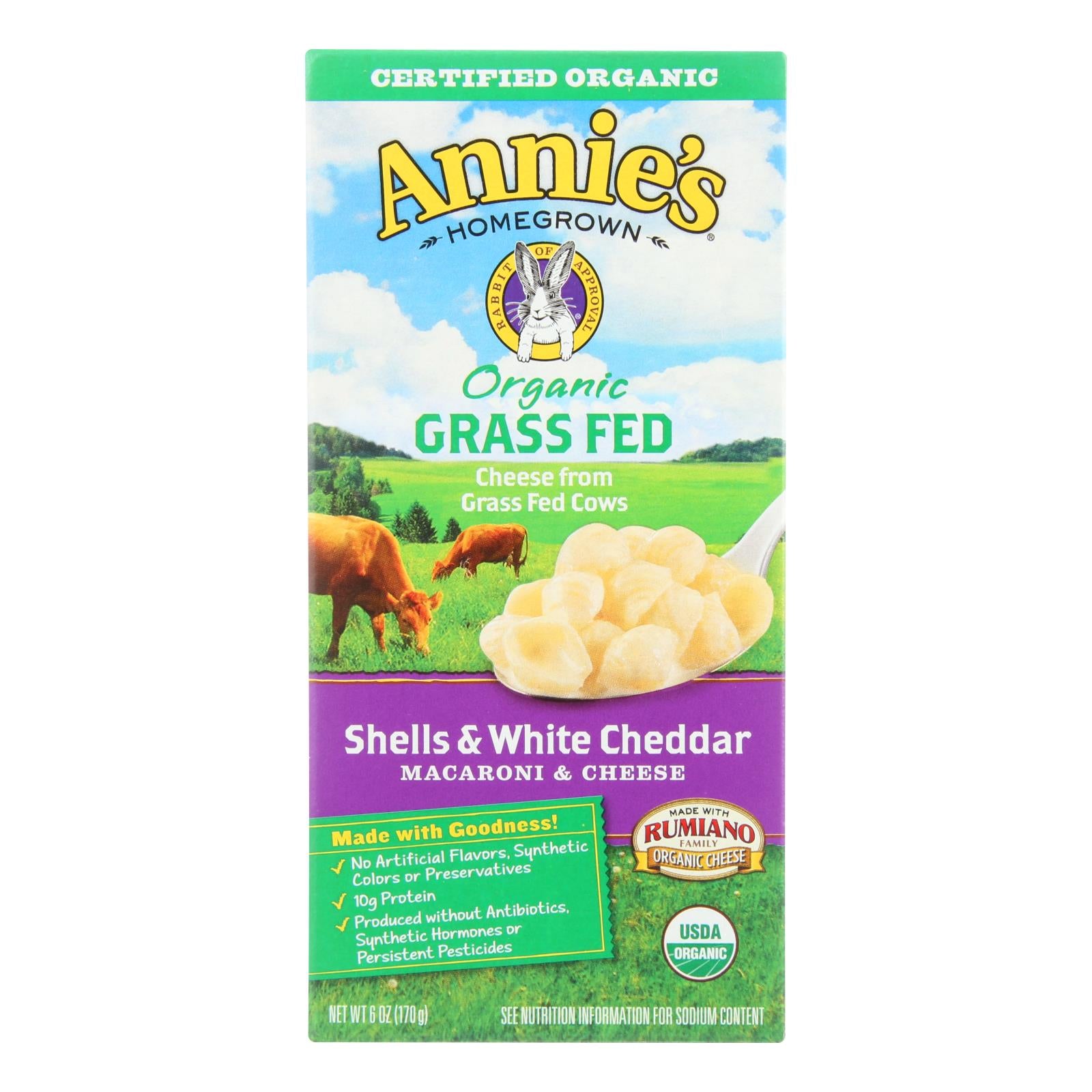 Annies Homegrown Macaroni and Cheese - Organic - Grass Fed - Shells and White Cheddar - 6 Ounce - case of 12