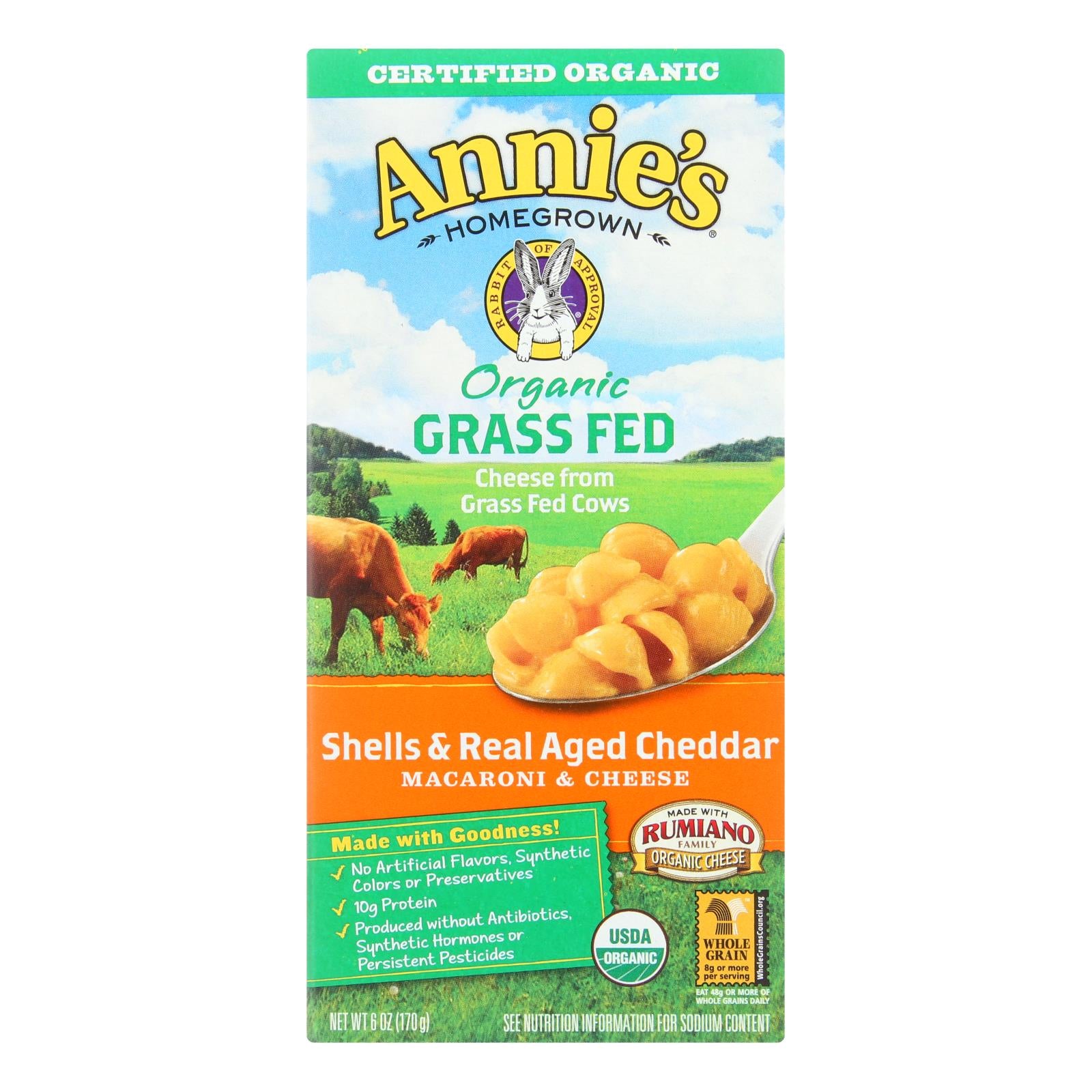 Annies Homegrown Macaroni and Cheese - Organic - Grass Fed - Shells and Real Aged Cheddar - 6 Ounce - case of 12