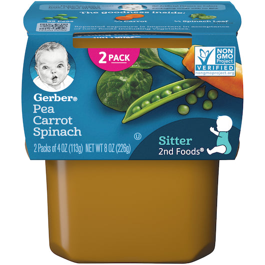 (2 pack of 4 Oz) Gerber 2nd Foods Pea Carrot Spinach Baby Food 8 Ounce Size - 8 Per Case.