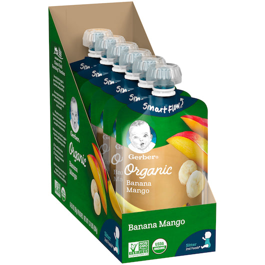 Gerber 2nd Foods Organic Banana Mango Baby Food Pouch, 3.5 Ounce Size, 6 Per Box - 2 Boxes Per Case.