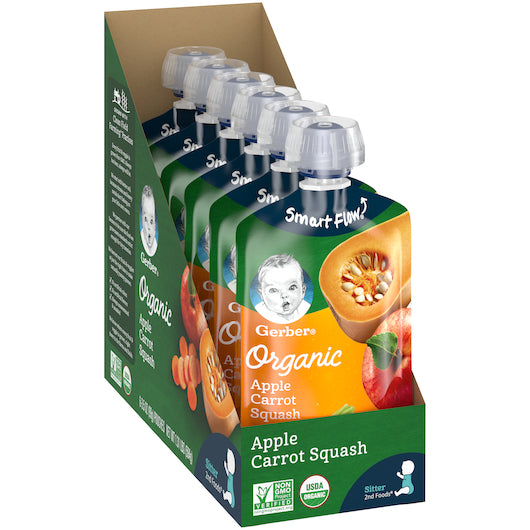 Gerber 2nd Foods Organic Apple Carrot Squash Baby Food Pouch, 3.5 Ounce Size, 6 Per Box - 2 Boxes Per Case.