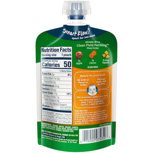 Gerber 2nd Foods Organic Apple Carrot Squash Baby Food Pouch, 3.5 Ounce Size, 6 Per Box - 2 Boxes Per Case.