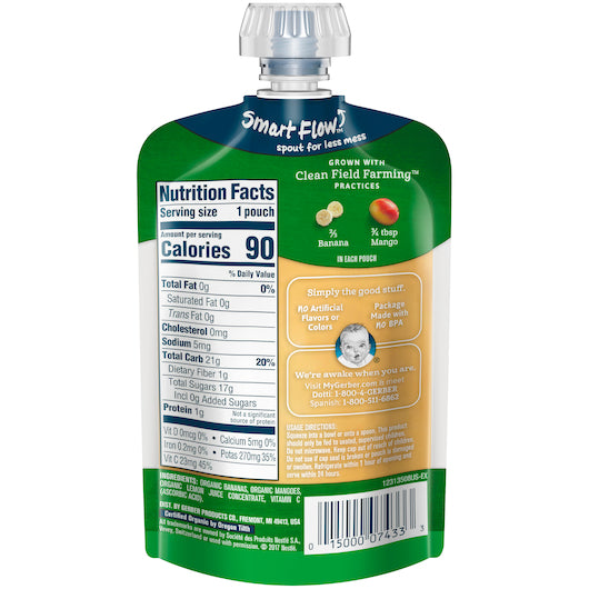 Gerber 2nd Foods Organic Banana Mango Baby Food Pouch, 3.5 Ounce Size, 6 Per Box - 2 Boxes Per Case.
