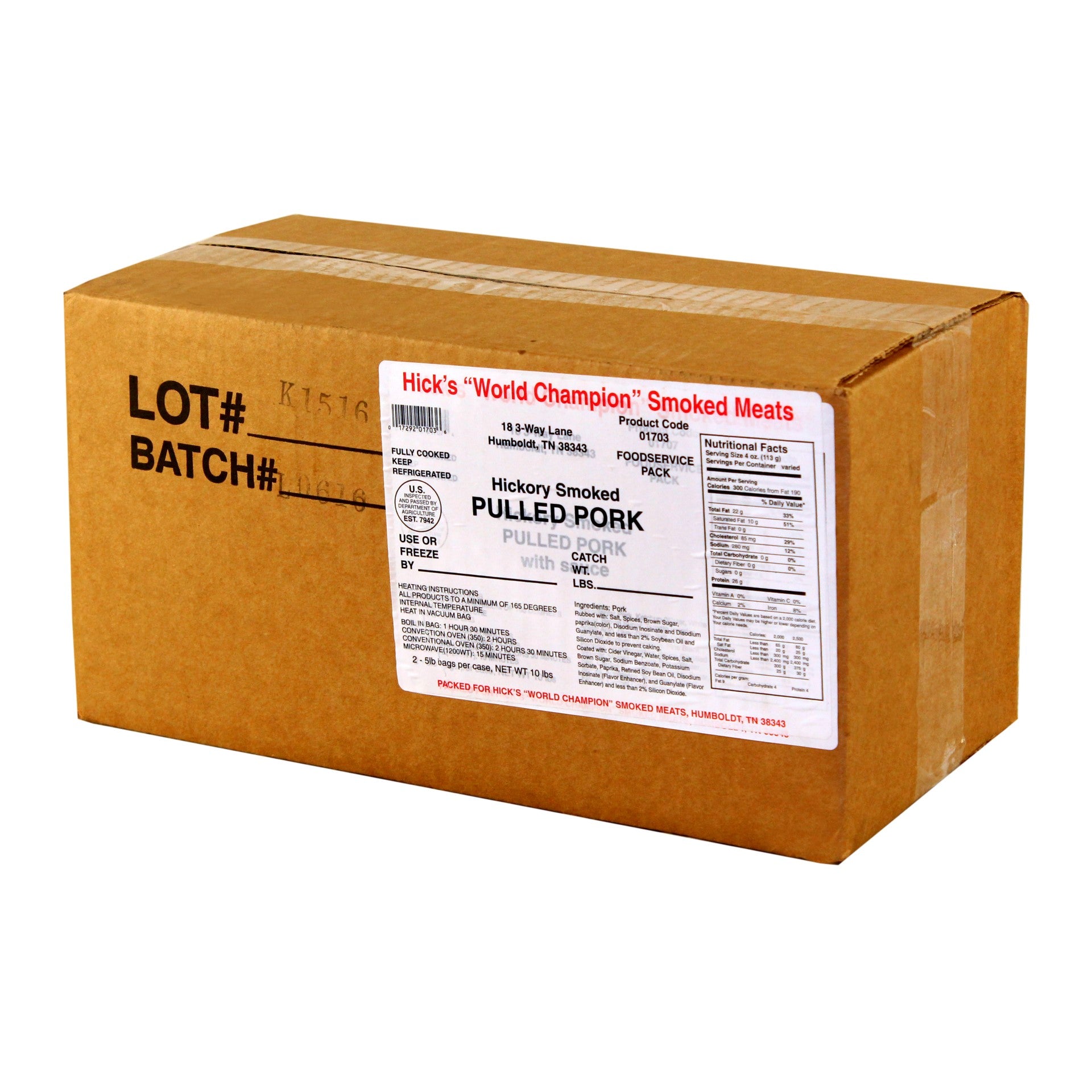 Hicks' Hickory Smoked Boneless BBQ Pulled Pork No Sauce 5 Pound Each - 2 Per Case.