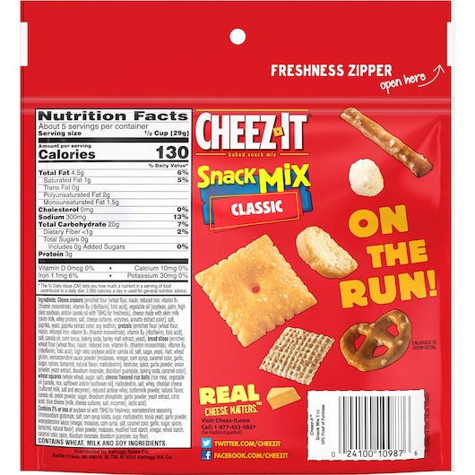 Cheez-It Grab Bag Reclosable Classic Snack Mix, 6 Ounces - 8 Per Case.