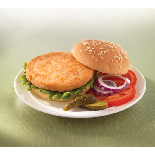 Trident Seafoods 5 Ounce Premium Alaska Burger Parfried Salmon 10 Pound Each - 1 Per Case.