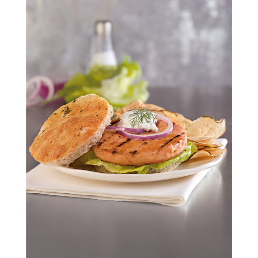 Trident Seafoods Frozen 4 Ounce Parfried Portions Salmon Burger 10 Pound Each - 1 Per Case.