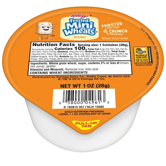 Kellogg Frosted Mini Wheats Bite Size Cereal 1 Ounce Size - 96 Per Case.