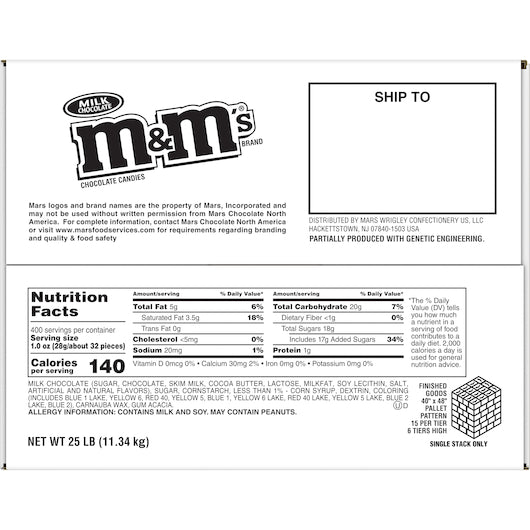 M&m's Milk Chocolate Candies Bulk 25 Pound Each - 1 Per Case.