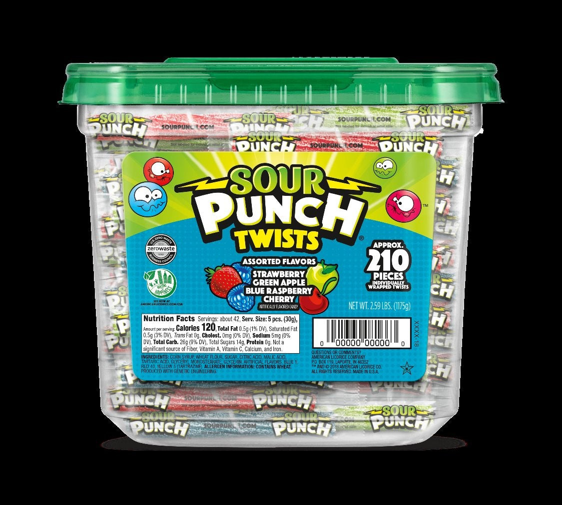 Sour Punch Twists Flavor Individually Wrapped Casejar 2.59 Pound Each - 6 Per Case.