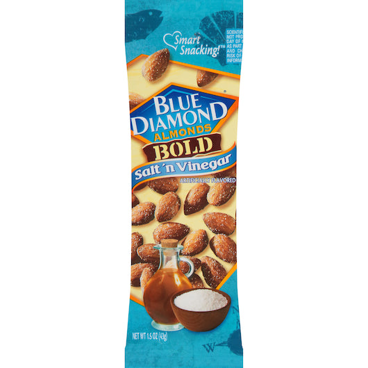Blue Diamond Bold Salt & Vinegar Almonds Tube 1.5 Ounce Size - 144 Per Case.