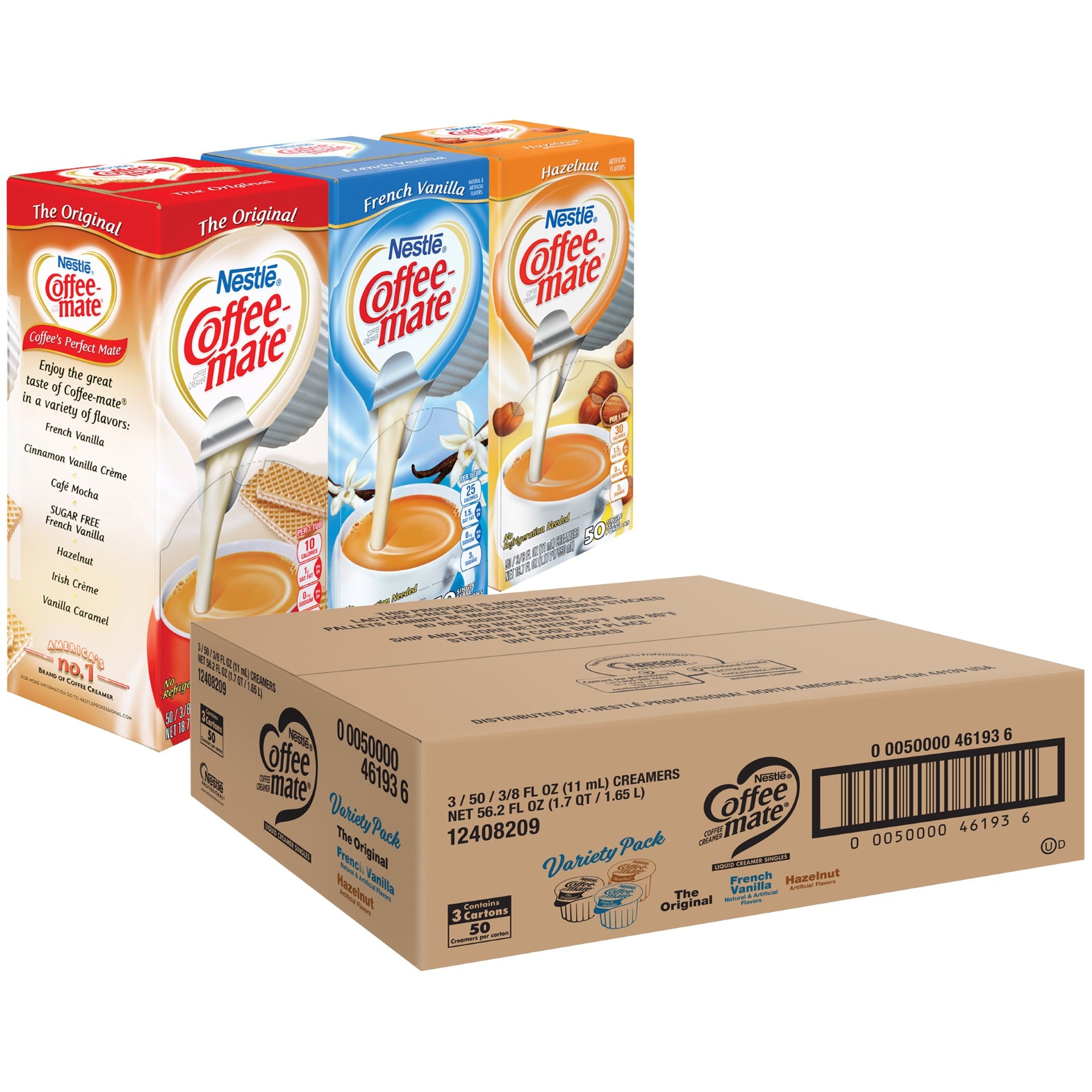 Coffee Mate Associated Variety French Vanilla Original And Hazelnut 1 Count Packs - 3 Per Case.