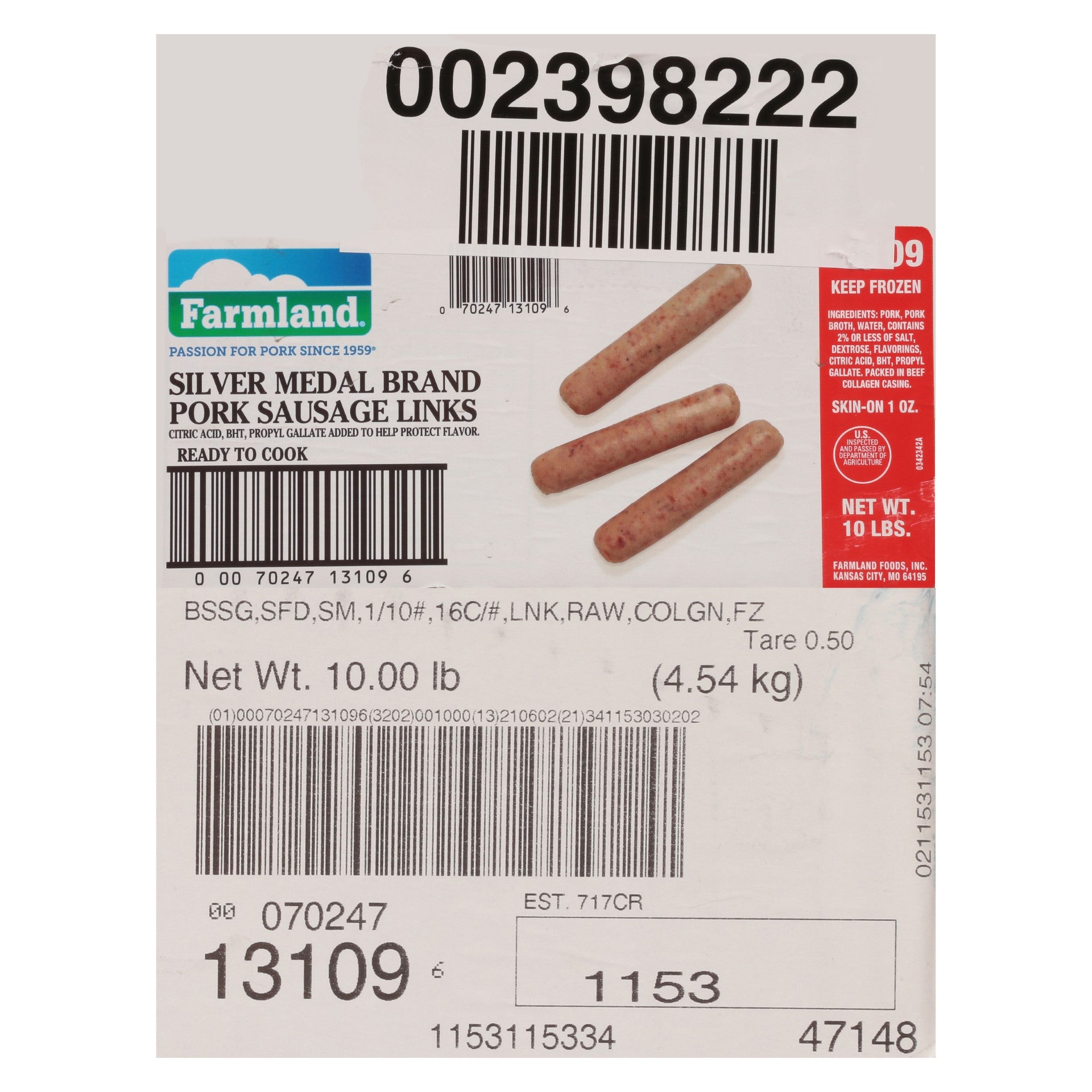 Sausage Link Lean Silver Medal 10 Pound Each - 1 Per Case.