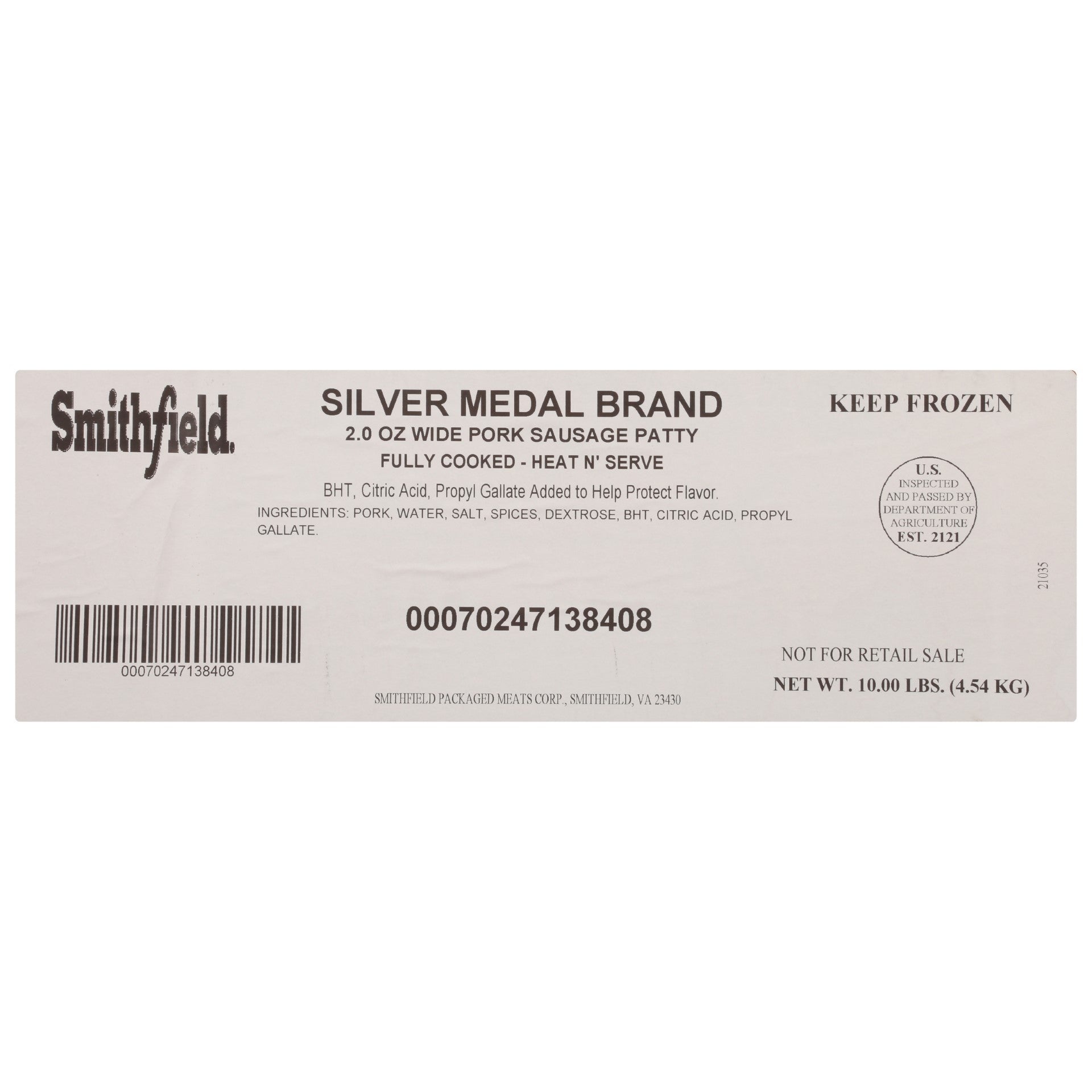 Sausage Patty Fully Cooked Silver Medal Wide 10 Pound Each - 1 Per Case.