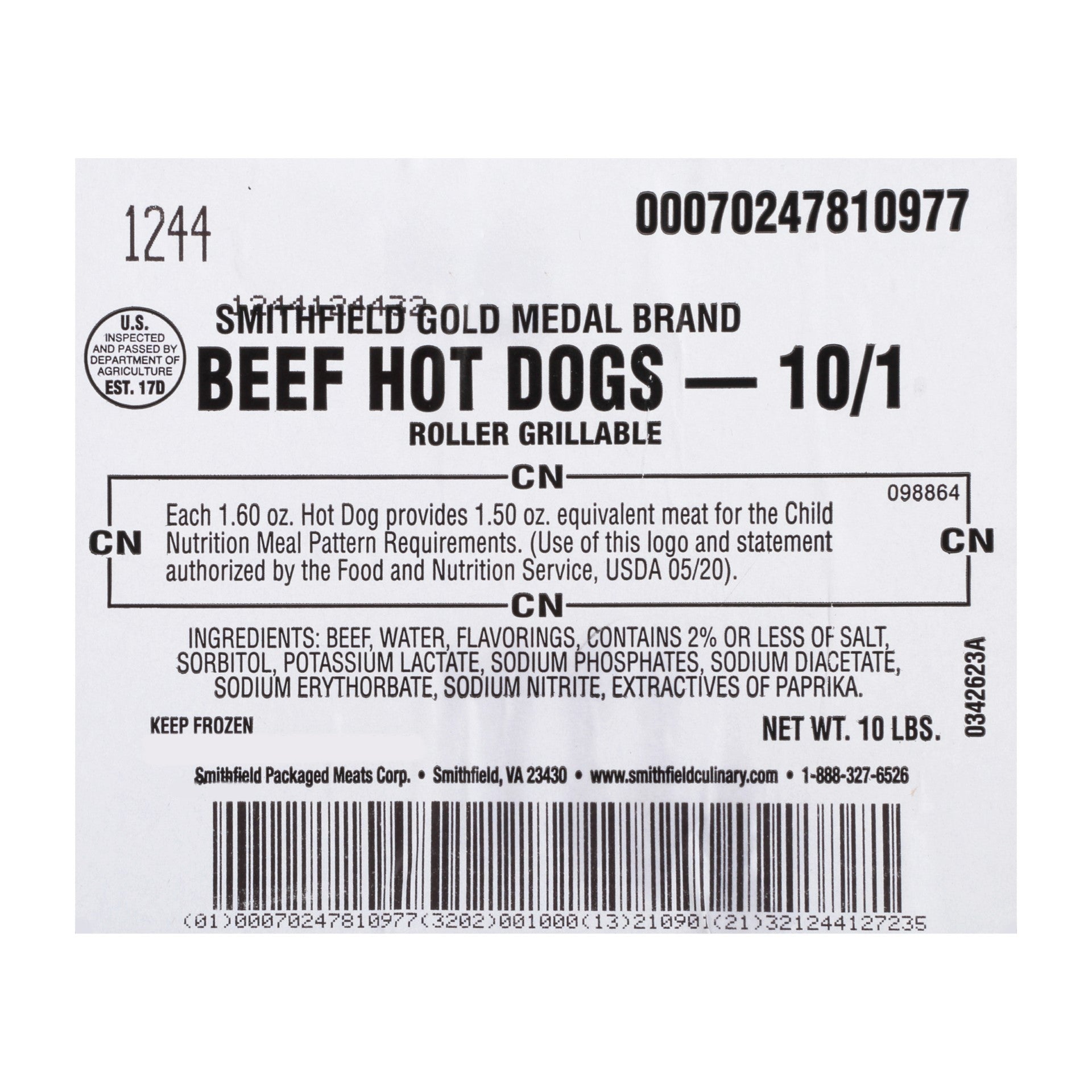 Hot Dog Beef Gold Medal 5 Pound Each - 2 Per Case. 10/1