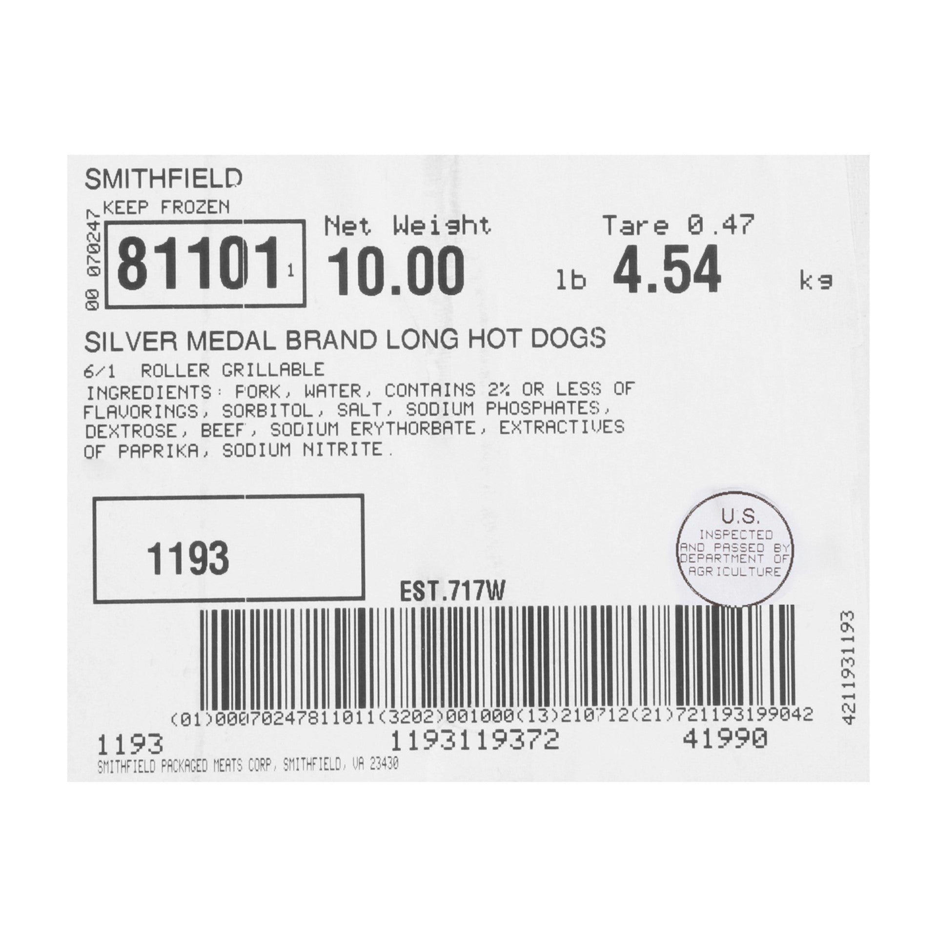 Smithfield Farmland Gold Medal 6/1 Long Hot Dog, 5.312 Pound, 1 Pack Per Case