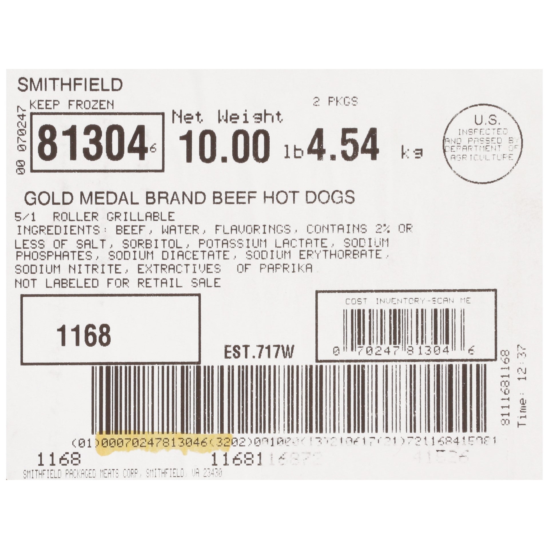 Hot Dog Beef Gold Medal 5.02 Pound Each - 2 Per Case.