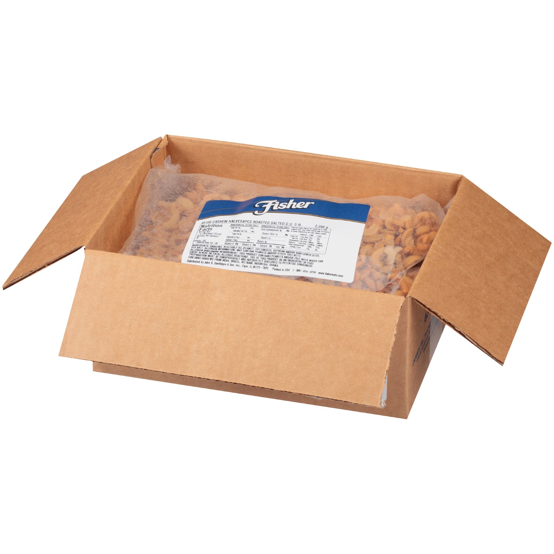 Fisher Roasted Cashew Halves And Pieces Sea Salt 5 Pound Each - 1 Per Case.