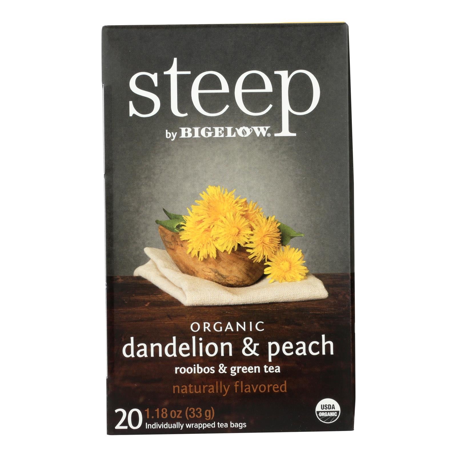 Steep By Bigelow Organic Dandelion And Peach, Rooibos And Green Tea - Case of 6 - 20 BAGS