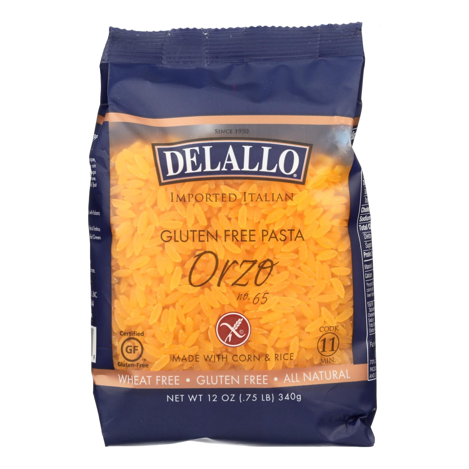 Delallo Gluten-Free Orzo Pasta - Case of 12 - 12 Ounce