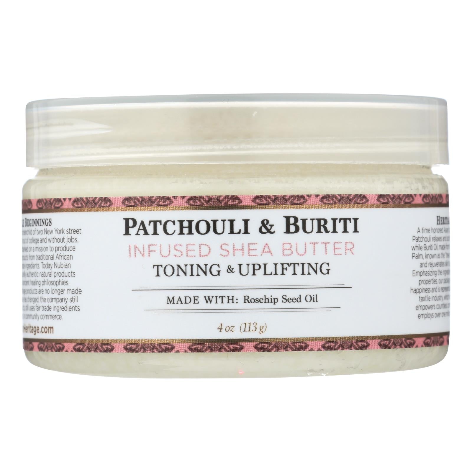 Nubian Heritage Shea Butter - 100 Percent Organic - Patchouli and Buriti - 4 Ounce