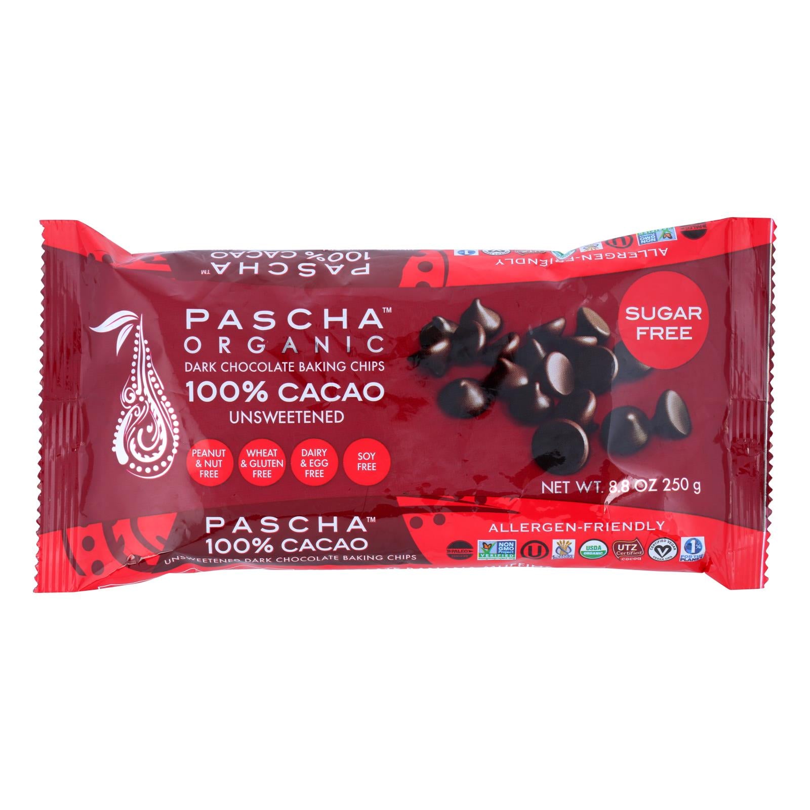 Pascha Chocolate Chips - Dark Unsweetened Sugar Free - Case of 6 - 8.8 Ounce.