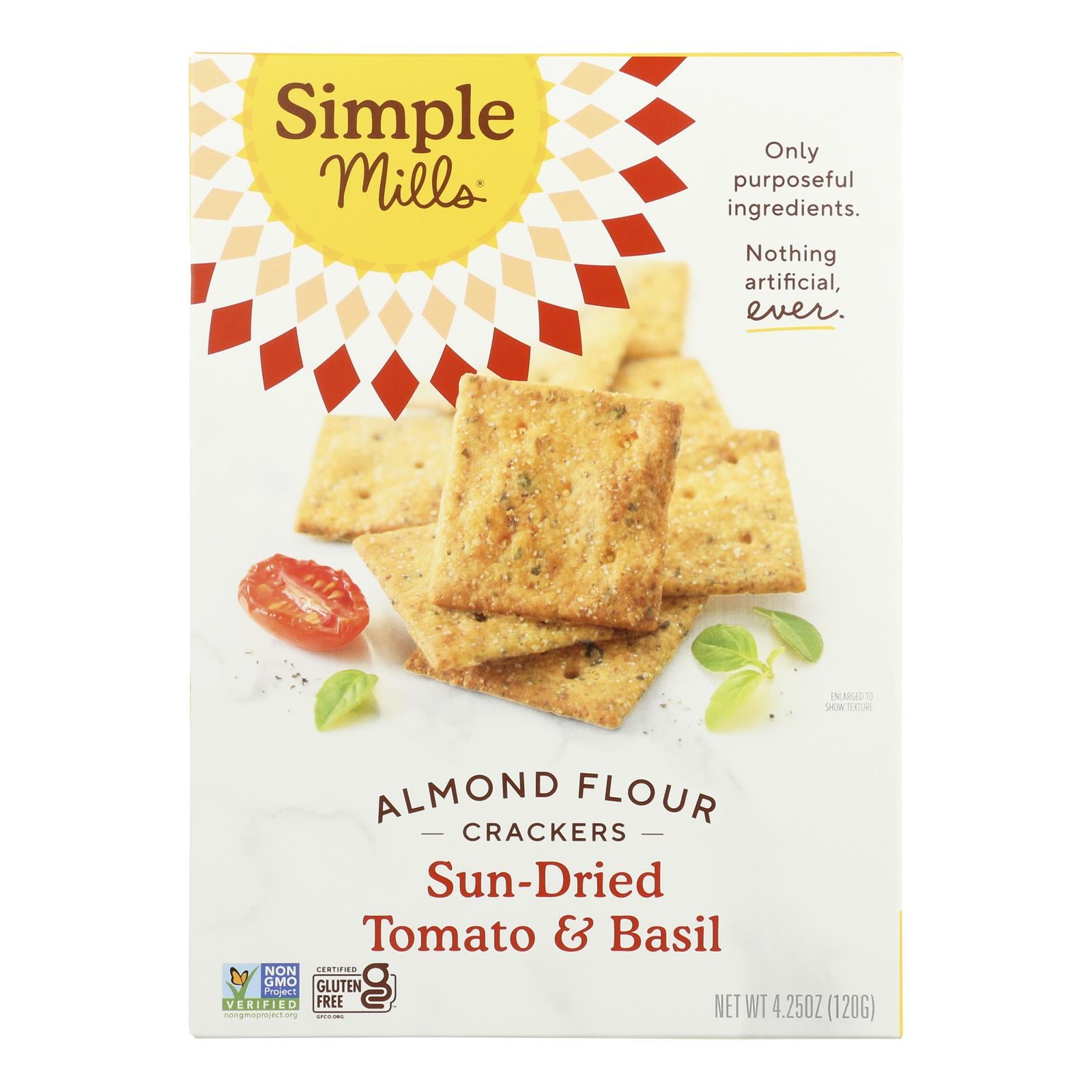 Simple Mills Sun Dried Tomato and Basil Almond Flour Crackers - Case of 6 - 4.25 Ounce.