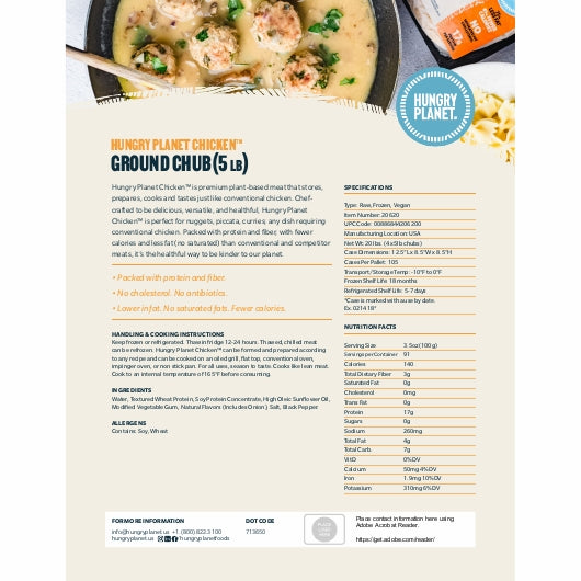 Hungry Planet Vegan Ground Chicken Chub, 5 Pounds - 4 per case