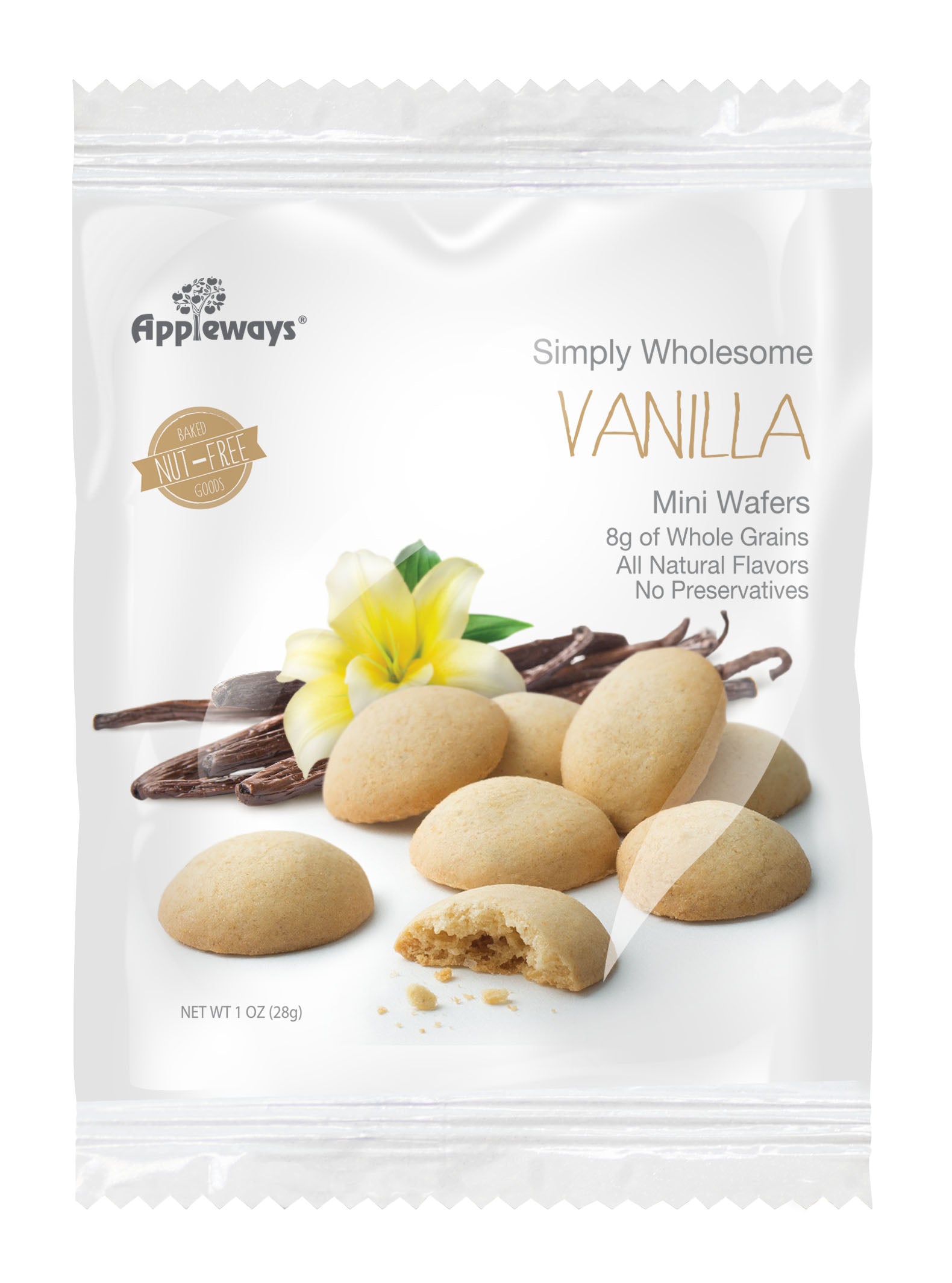 Appleways Whole Grain Mini Vanilla Wafers Individually Wrapped 1 Count Packs - 108 Per Case.