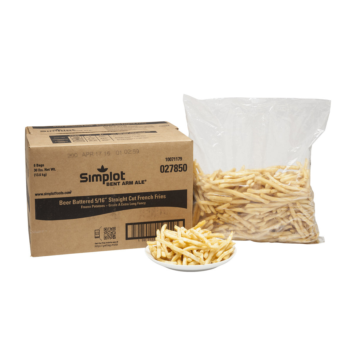 Simplot Bent Arm Ale 6 Inch Beer Battered Straight Cut Fries Skin On 5 Pound Each - 6 Per Case.