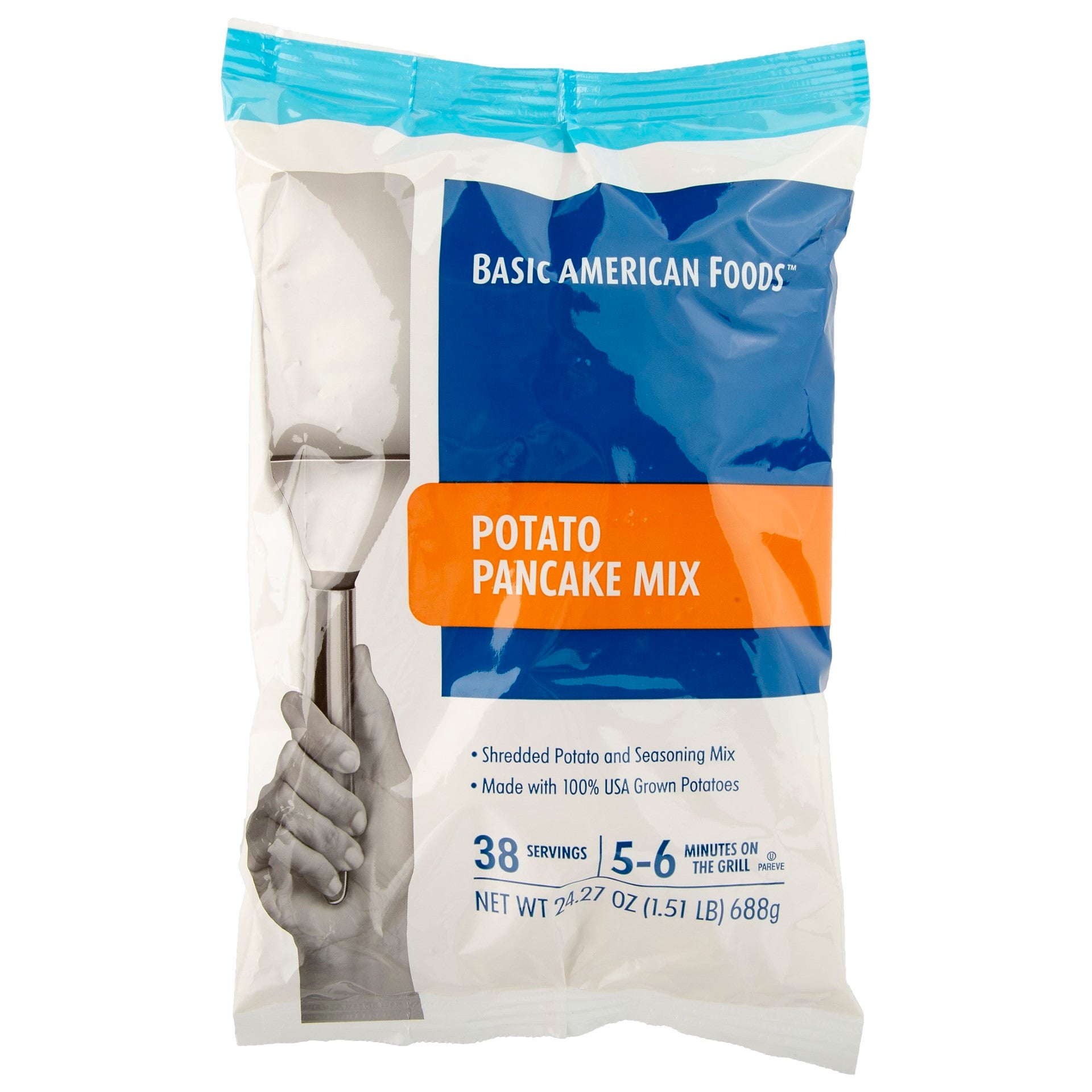 Basic American Foods Potato Pancake Mix Pancakes Per Crispy Fresh Shred 24.27 Ounce Size - 6 Per Case.