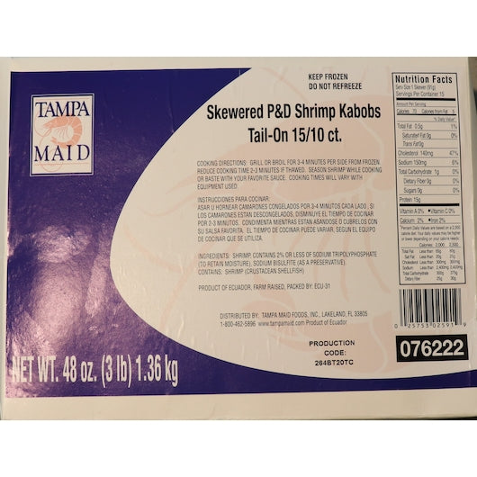 Tampa Maid Peeled And Deveined Tail On Skewered Shrimp Kabob 10 Count Packs - 60 Per Case.