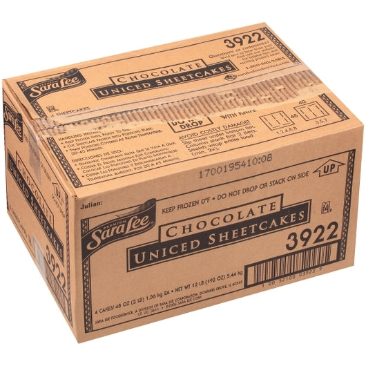 Sara Lee Uniced 12X16 Chocolate Sheet Cake 3 Pound Each - 4 Per Case.