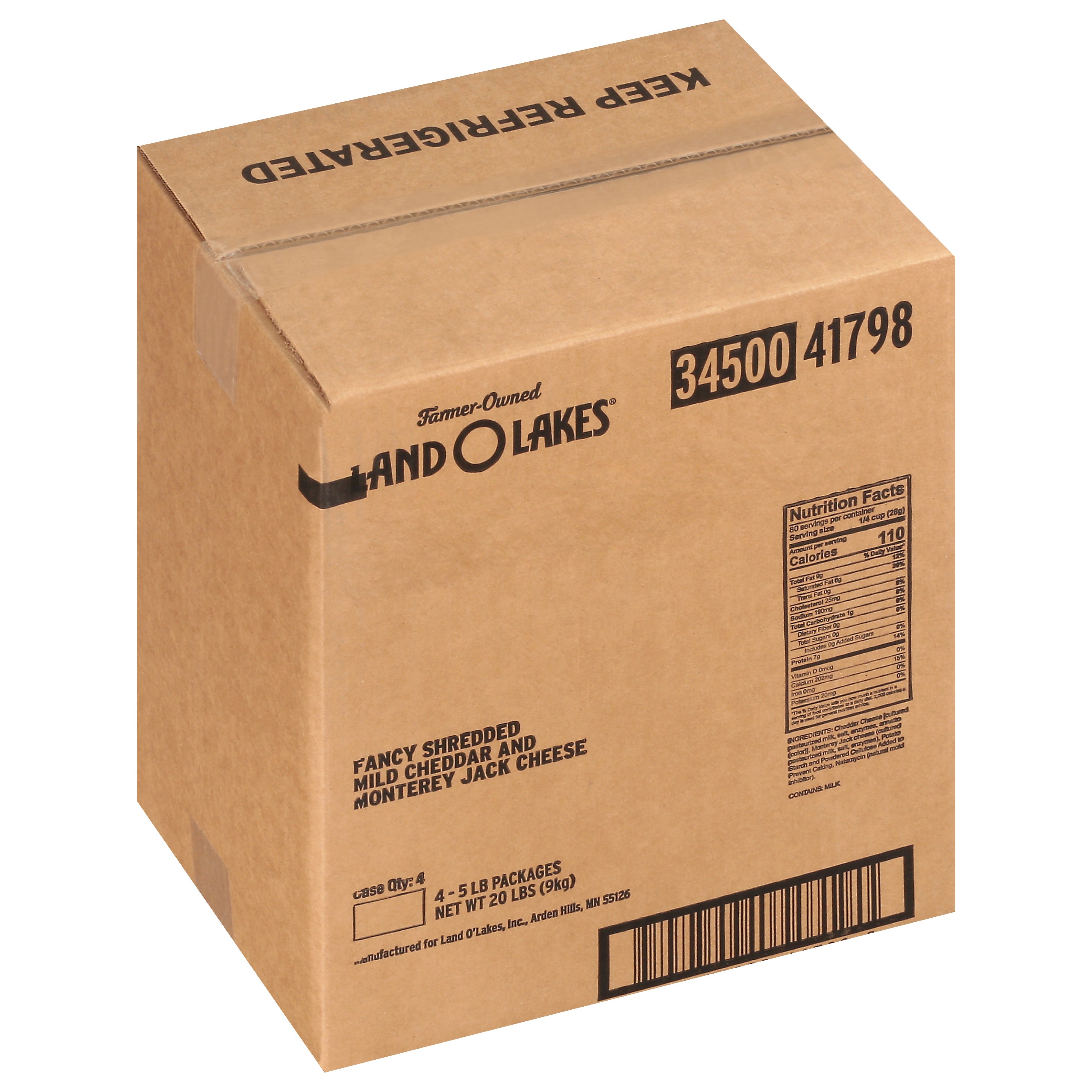 Land-O-Lakes® Fancy Shredded Mild Yellow Cheddar & Monterey Jack Cheese Blend 5 Pound Each - 4 Per Case.