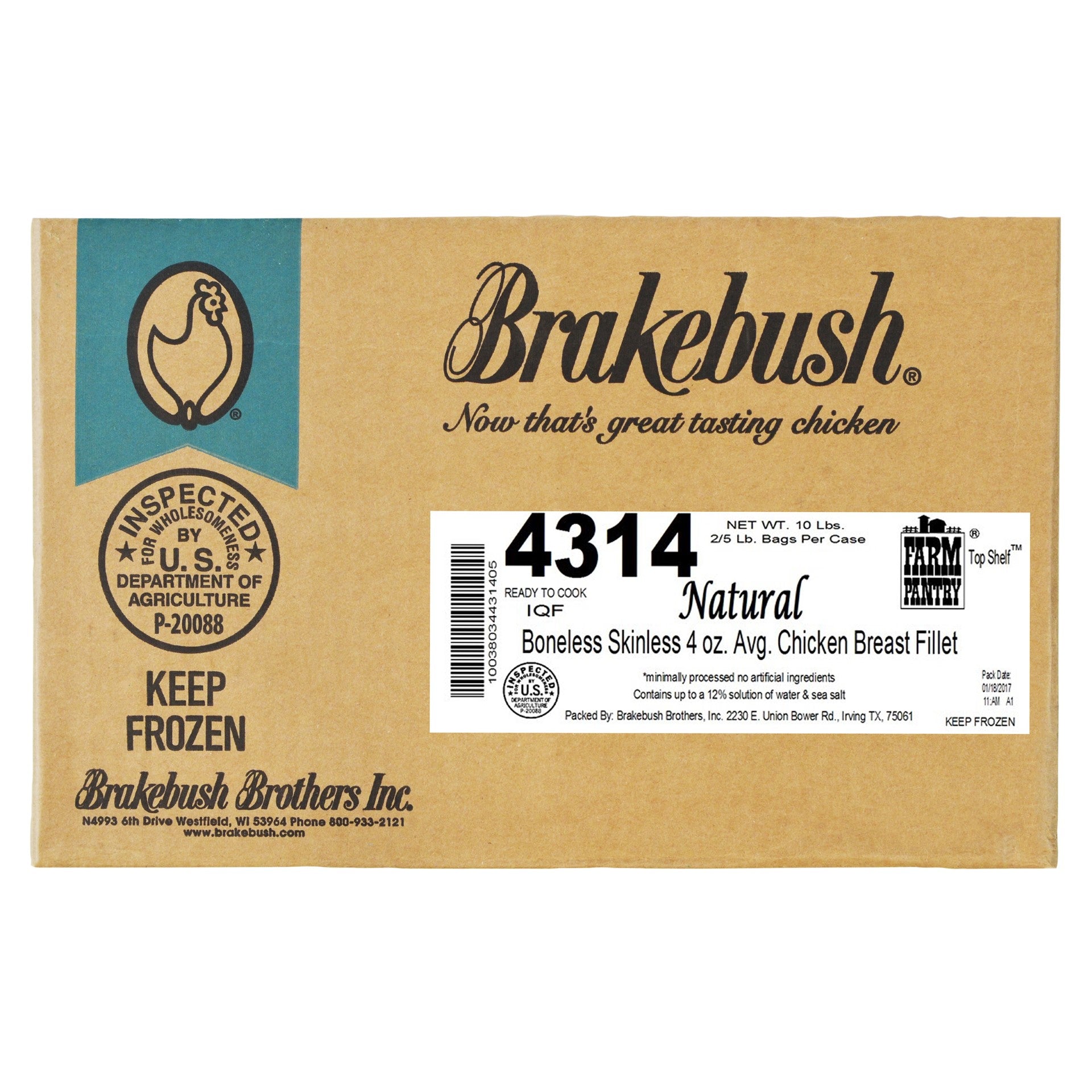 Brakebush Individually Quick Frozen Raw Boneless Skinless Chicken Breast Fillet, 5 Pounds