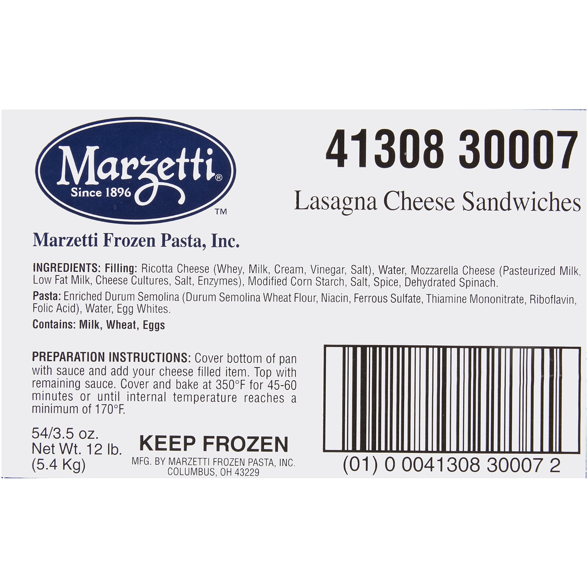 Marzetti Frozen Pasta Lasagna Cheese Sandwich 54 Count Packs - 1 Per Case.