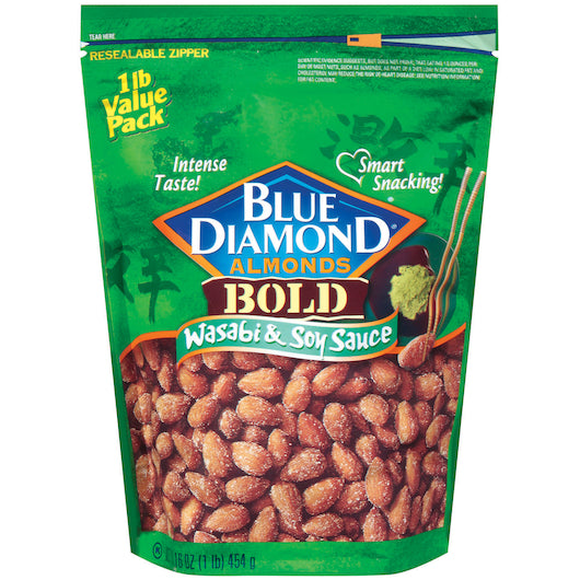Blue Diamond Bold Wasabi & Soy Sauce Almonds 16 Ounce Size - 6 Per Case.